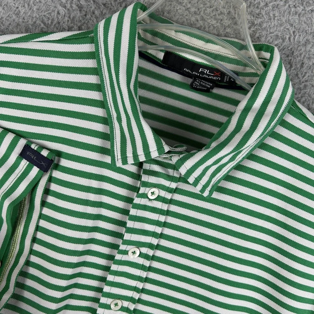 Ralph Lauren RLX Polo Shirt Mens XL Green White Striped Performance Golf Stretch